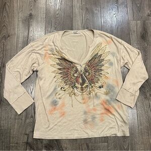 Y2K One World Top Rhinestones Studded Grunge Punk Long Slv Shirt Plus 2X Wings